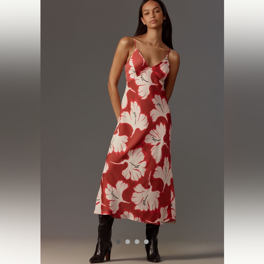 Anthropologie vneck slip midi dress -Floral Red and White